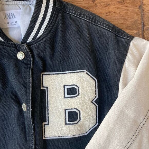 ZARA Varsity Bomer Letterman Jacket Limited Girls Large 13-14 Black DENIM Crop - Picture 2 of 10